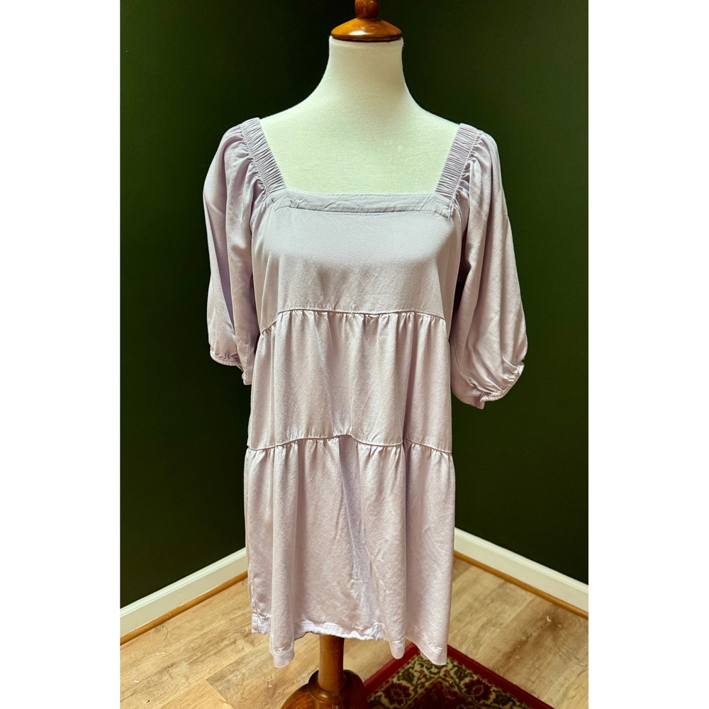 Shinestar Tiered Square Neck Puff Sleeve Casual Lavender Midi Dress Women's L